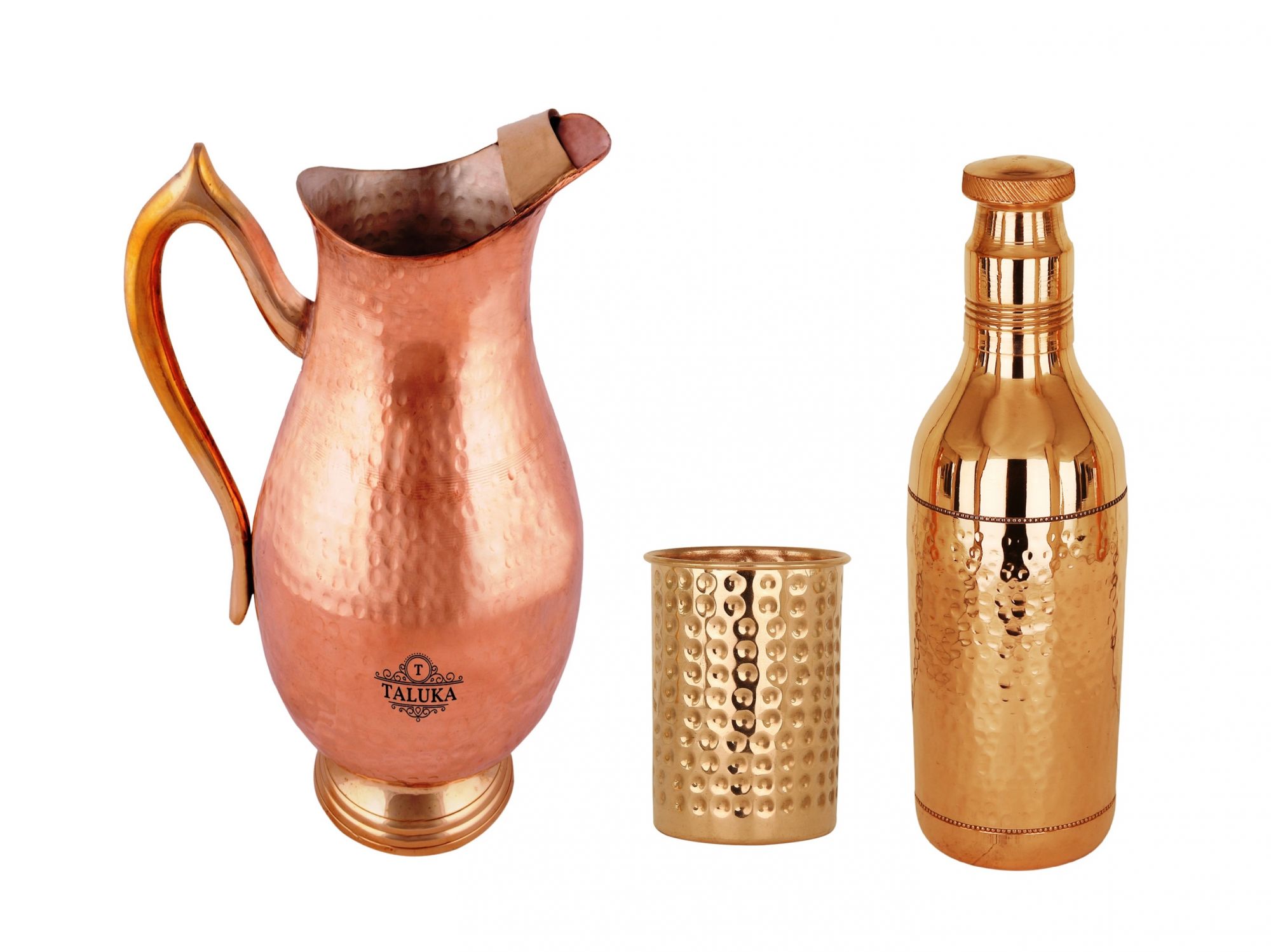 Copper Handmade Jug 2000 ML with Hammer Water Bottle 1700 ML with 1 PC Glass 300 ML - Storage water Good Health Benefit