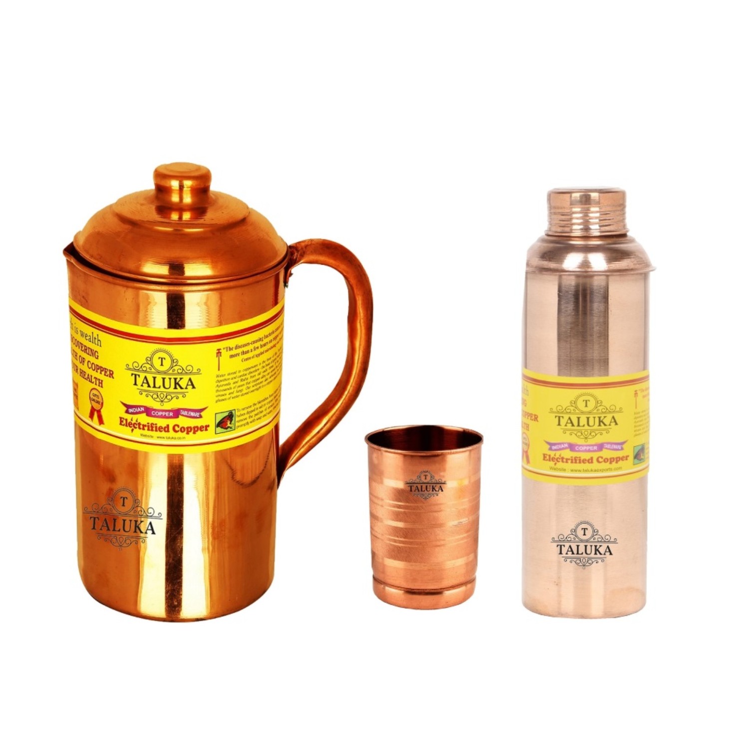 Copper Jug Pitcher 1500 ml with 1 PC Copper Glass Cup & 1 PC Water Bottle Storage Drinking Tableware