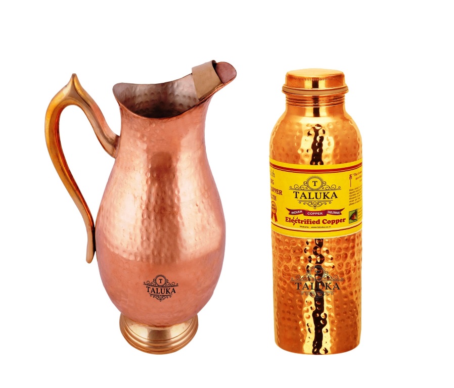 Pure Copper Hammered Beside Bedroom Water Jar 2 Pcs Bottle Set Leak Proof 1 L