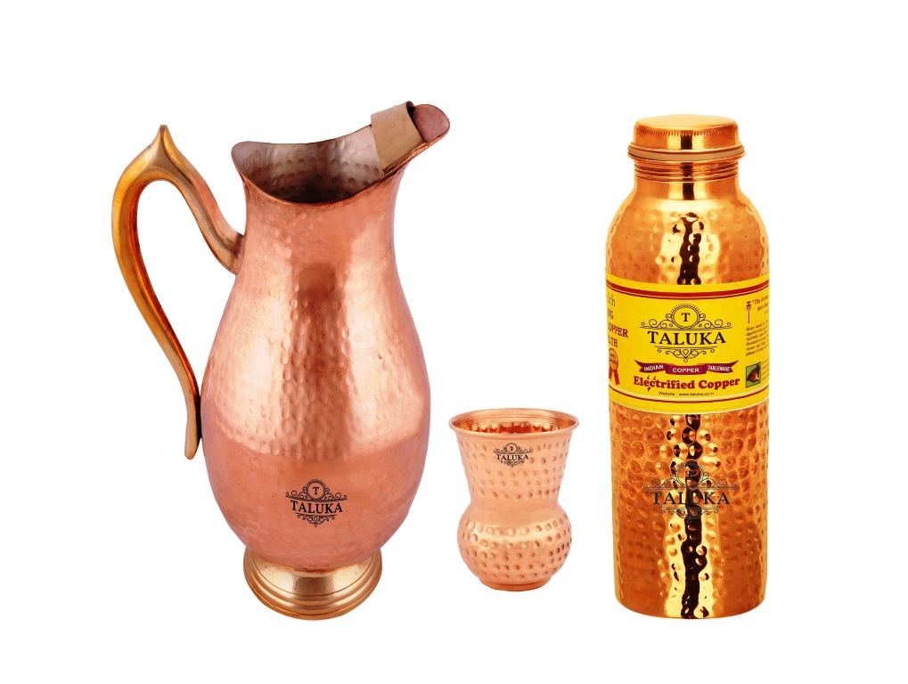 Copper Pitcher Jug 2000 Ml Water Jug With 1 PC Round Bottom Glass 1 Hammer Leak Proof Joint Free Bottle 1000 ML