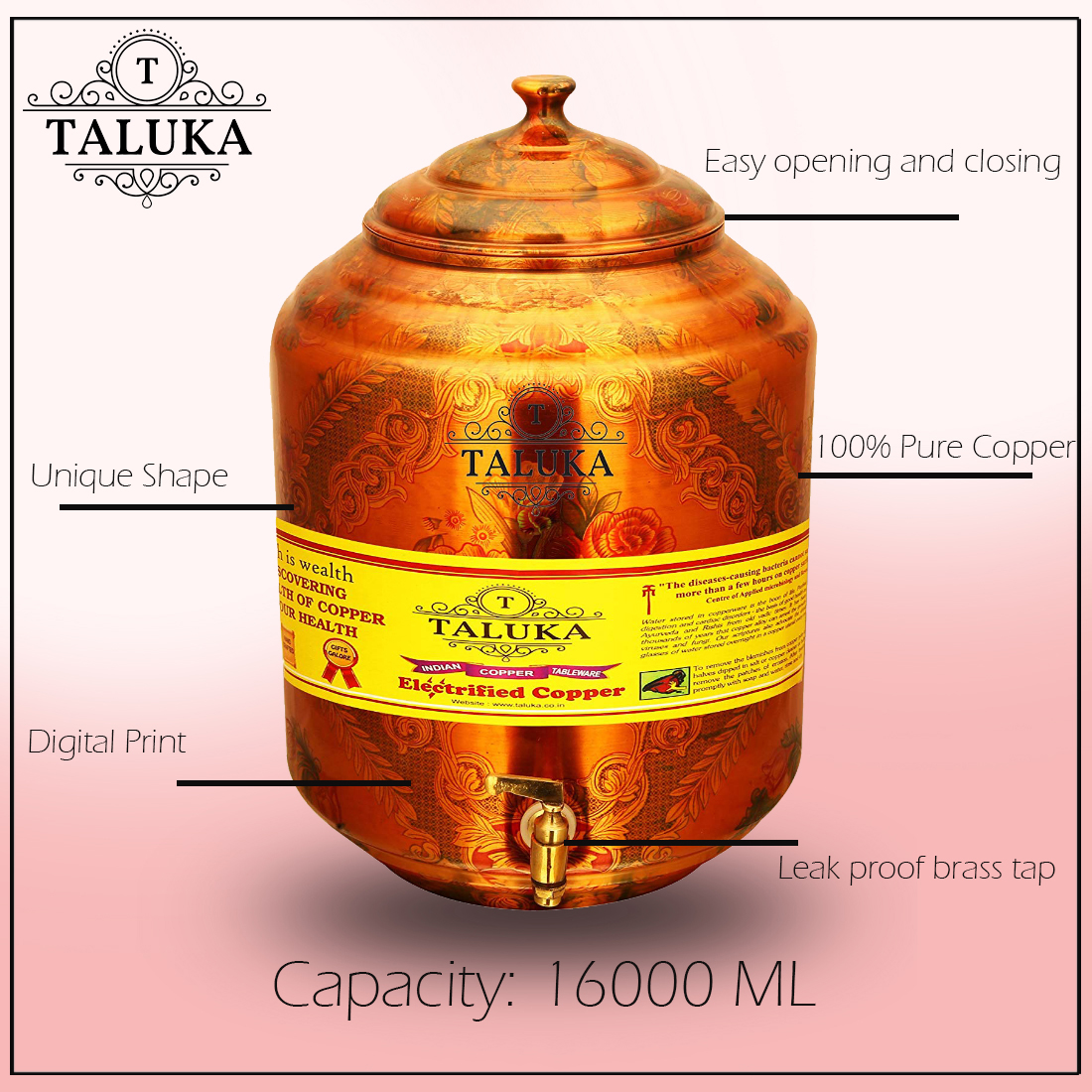 Copper Belly Printed Straight Water Pot Dispenser Water Storage Tank 1300 ML || 16000 ML