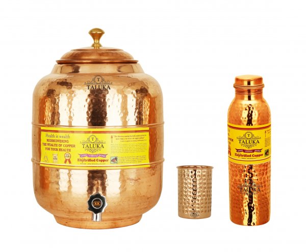 Copper Water Pot Tank 5 Liter Hammered Water Bottle 1 Liter 1 Glass 350 ML