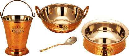 Taluka Pure Copper Stainless Steel Copper Family Set of 4 Content :- 1 Copper Bucket 1 Copper Steel Kadhai 1 Copper Serving Handi 1 Copper Serving Spoon Pot 1 L  (Copper, Stainless Steel)