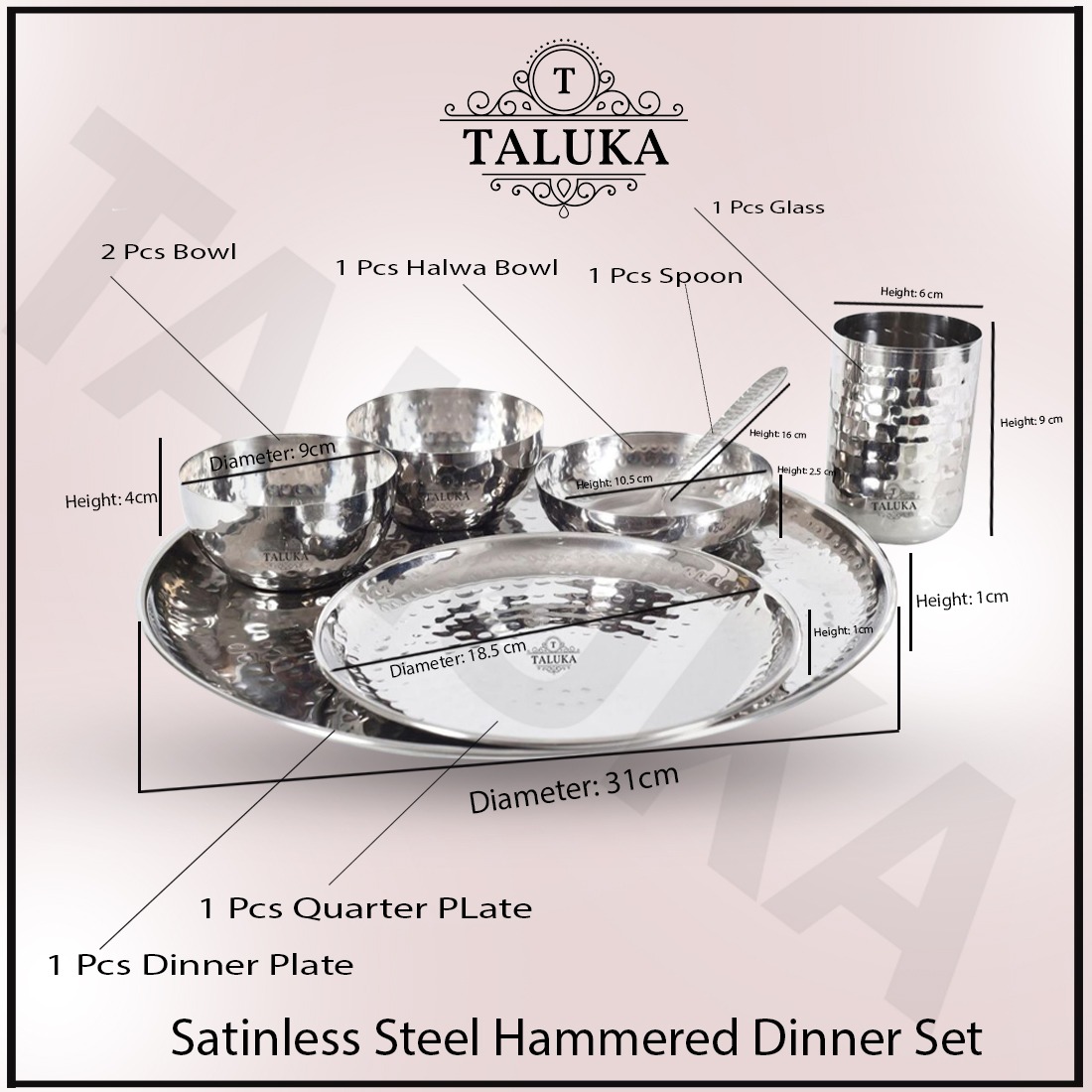 Stainless Steel Hammered Dinner Thali Set 7 PCS (2 Thali, 2 Bowls, 1 Halwa Thali, 1 Glass, 1 Spoon) Home Restaurant Hotel Serving Dinner Set
