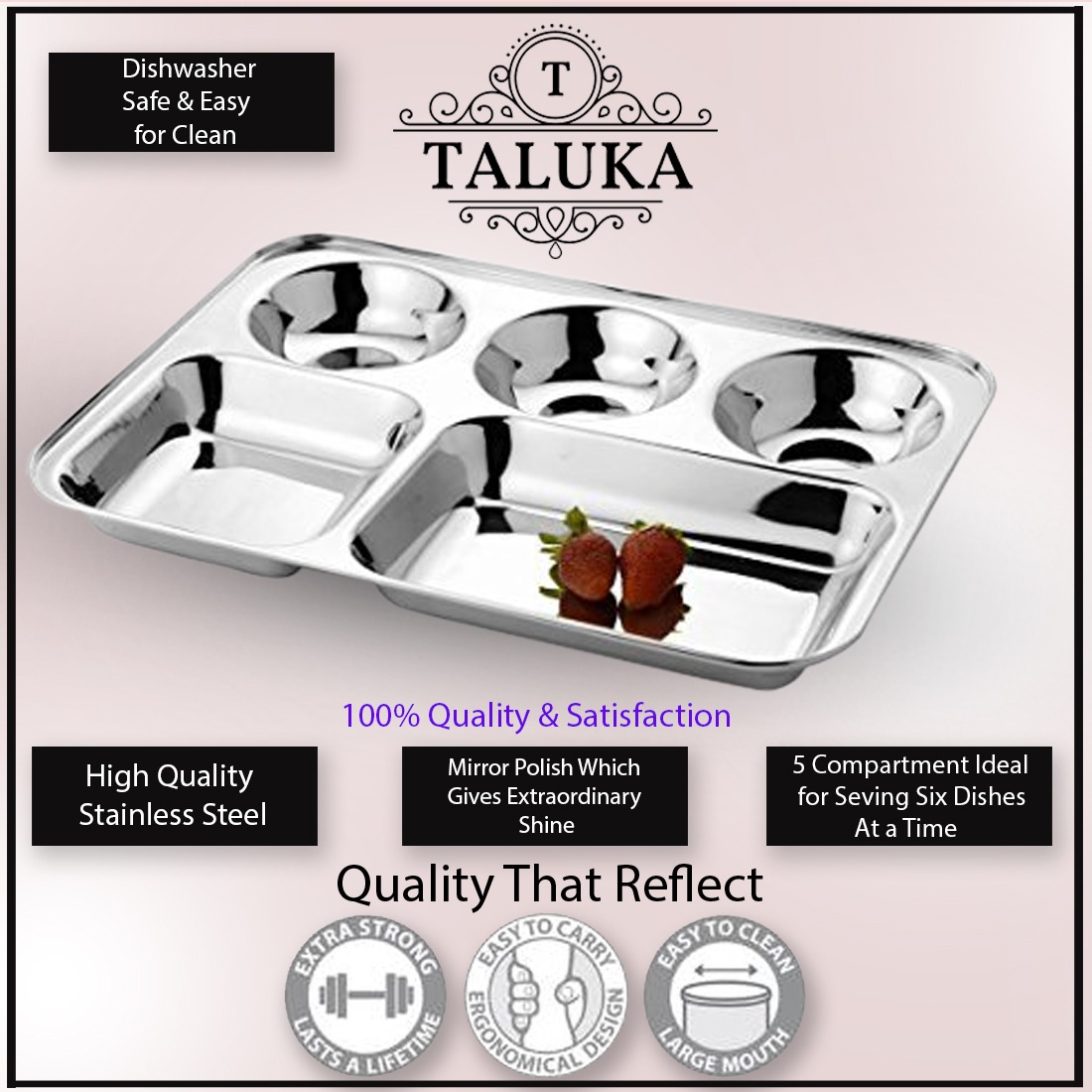 Stainless Steel 5IN1 Compartment Snacks Plate With Glass Spoon Dinner Thali Set