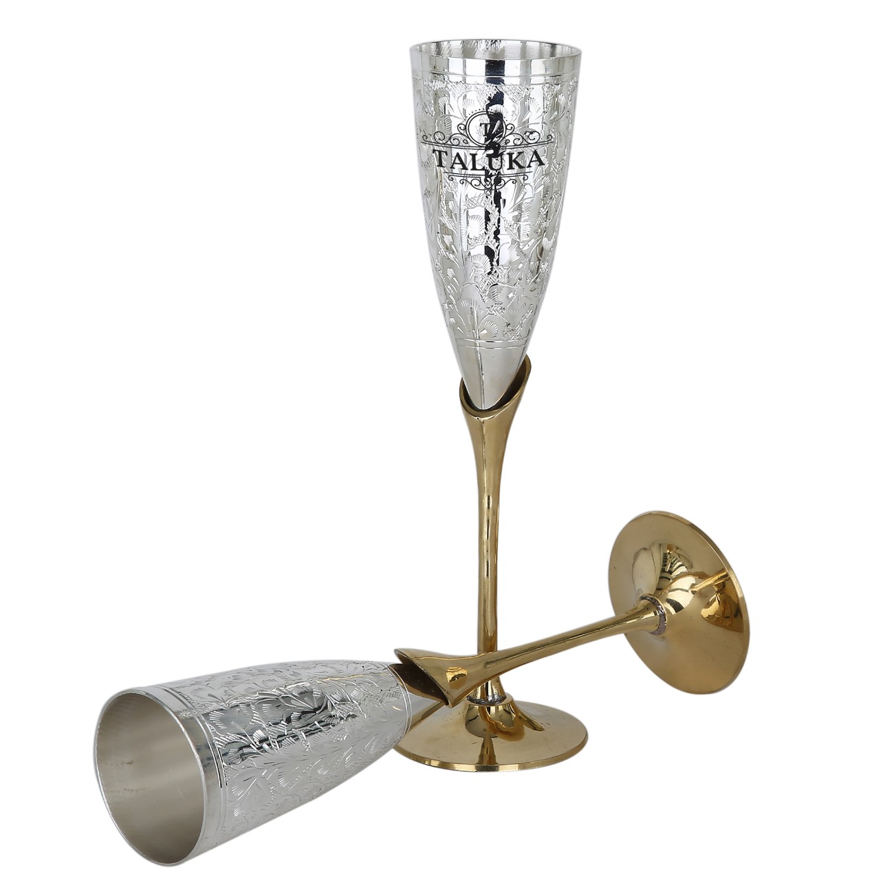 Engraved Silver Plated Brass Champagne Flutes Wine Glass Set