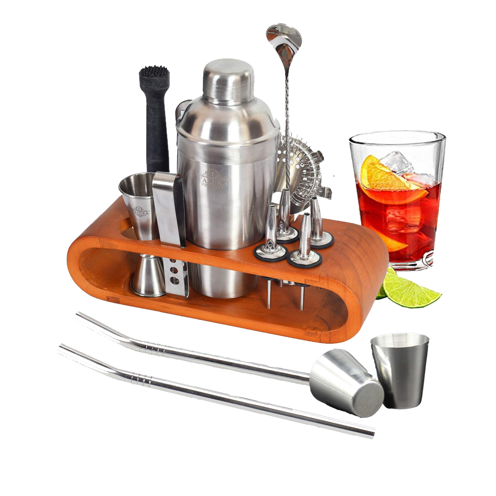 Taluka 16-Piece Bar Tool Set with Stylish German Pine Wood Stand | Perfect Home Martini Cocktail Shaker Set for an Awesome Drink Mixing Experience (Silver)