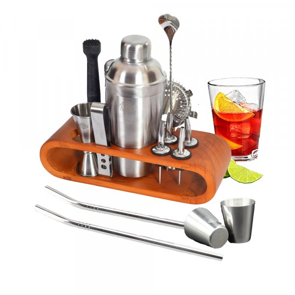 Mixer Spoon Strainer Cocktail Mixing Set with Shaker Liquor Pourers Tongs UK Brand Muddler Jigger 14 Pcs Complete Home Bar and Bartender Mix Kit 