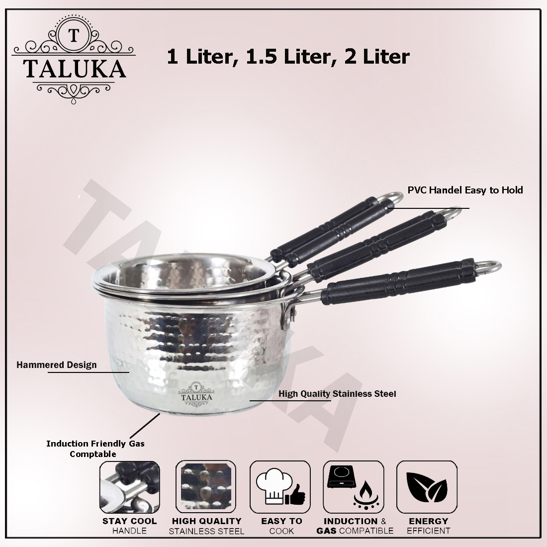 Premium Stainless Steel Hammered Inductions Friendly Sauce Pan Set of 3-1, 1.5, 2 Liter in Use for Hotel Home Restaurant
