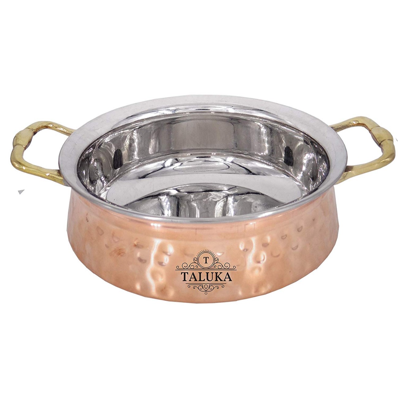 Handmade Copper Steel Hammered Serving Handi With Brass Handle Bowl For