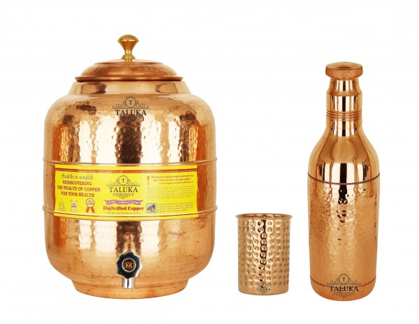 Handmade Copper Water Pot Tank 10 Liter Hammer Bottle 1.7 Liter 1 Glass 350 ML