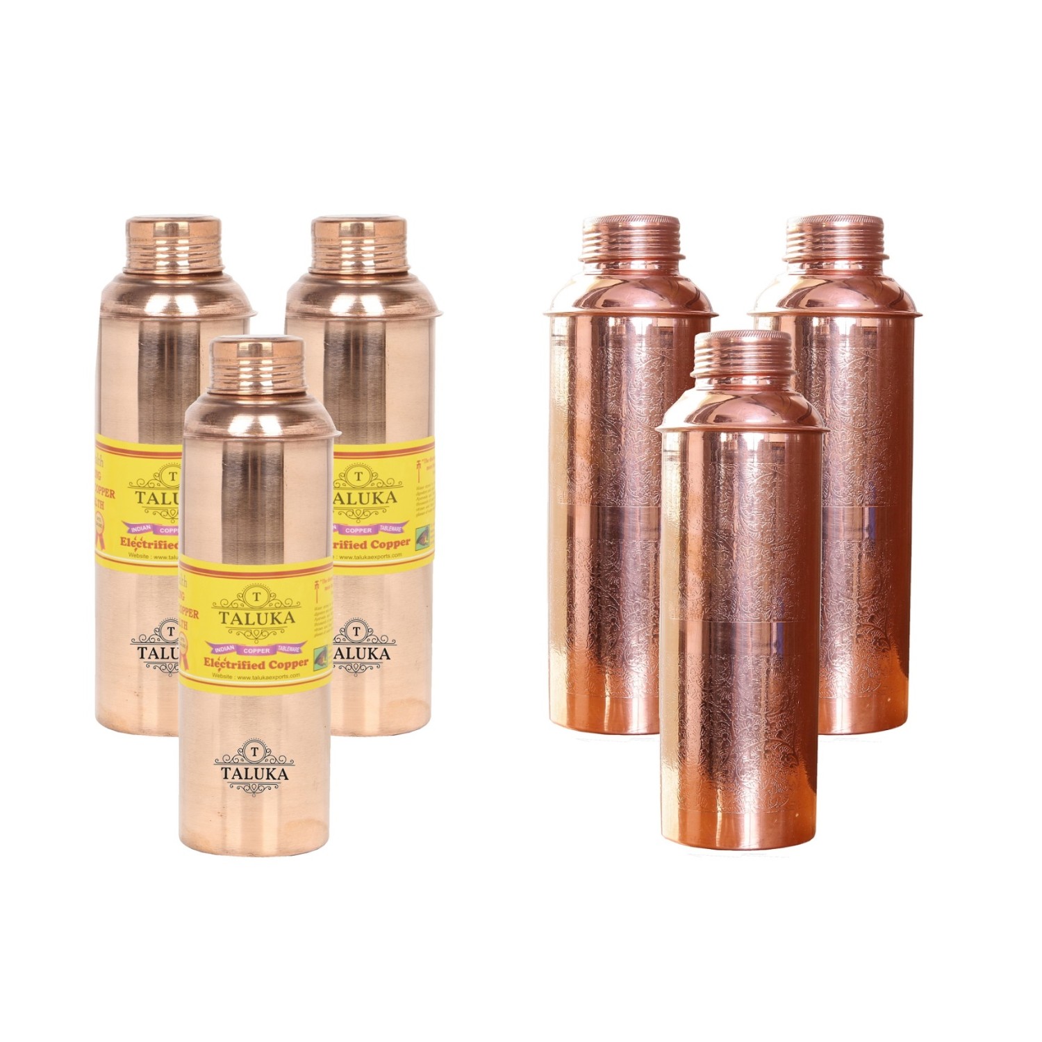 Handmade Pure Copper Bisleri And Etching Design Water Bottle 800 ML Set Of 6 Drink Ware Storage Bottle For Good Health
