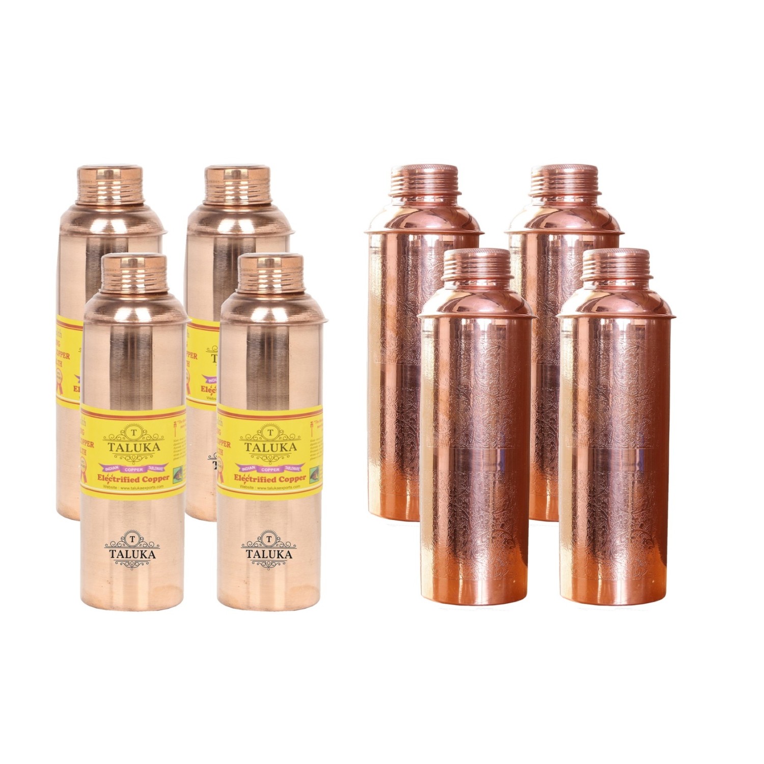 Handmade Pure Copper Bisleri And Etching Design Water Bottle 800 ML Set Of 8 Drink Ware Storage Bottle For Good Health