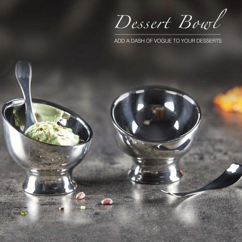 TALUKA Double Wall Stainless Steel Ice Cream Cups with Spoon Mirror Finish, Curved Design, Dessert Bowl