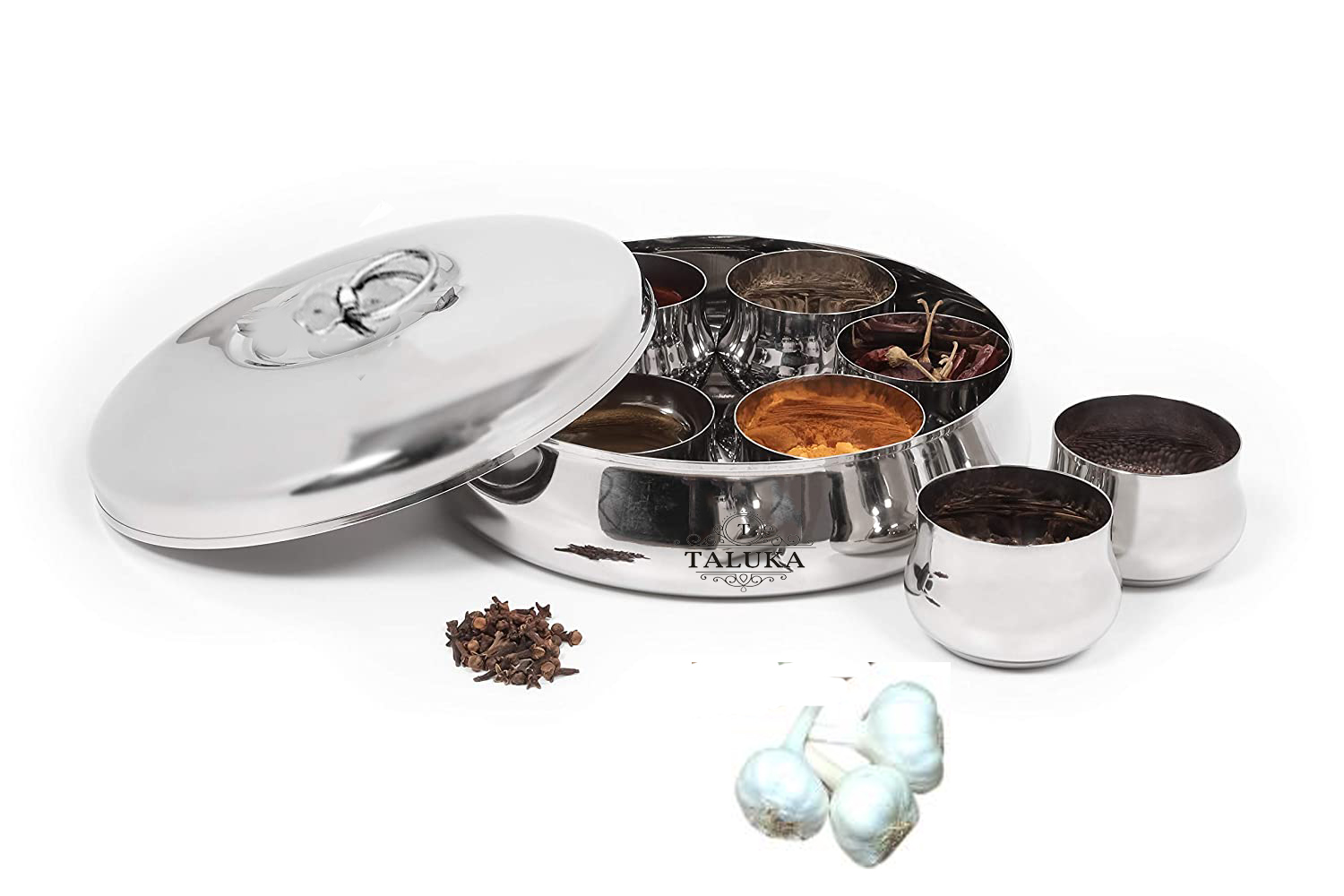 Taluka Stainless Steel Smart Kitchen Masala Box / Spice-box/masala-dani with 7 Containers and Spoon, Lid with Handle