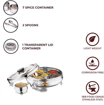 Taluka Stainless Steel Belly Shape Masala (Spice) Box with Glass Lid with 7 Containers and Small Spoon