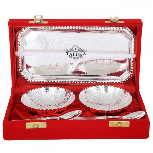 Silver Plated 2 Bowl Deep Dish 2 Spoons 1 Tray for Spoon Set Gift Item