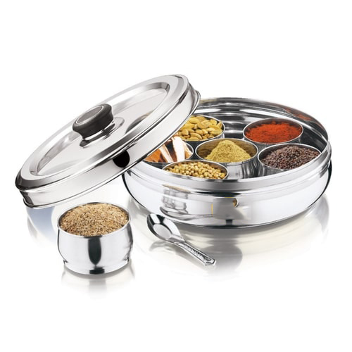 Taluka Stainless Steel Belly Shape Masala (Spice) Box with Glass Lid with 7 Containers and Small Spoon
