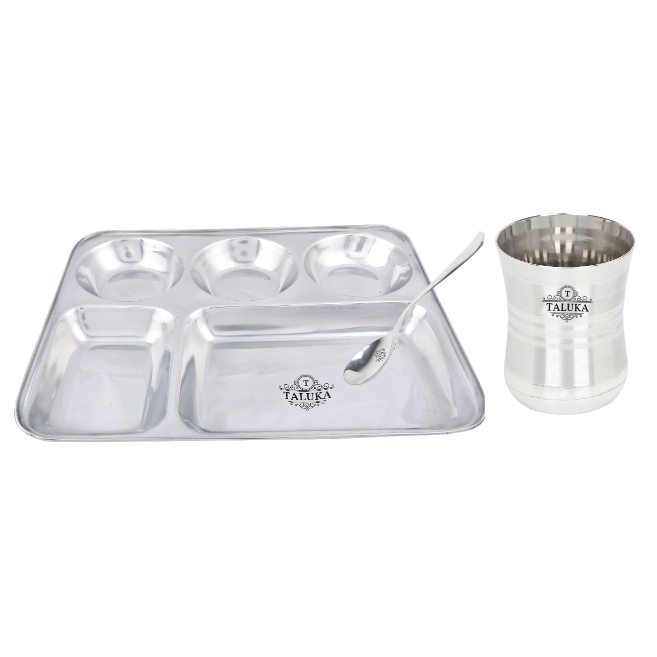 Stainless Steel 5IN1 Compartment Snacks Plate With Glass Spoon Dinner Thali Set