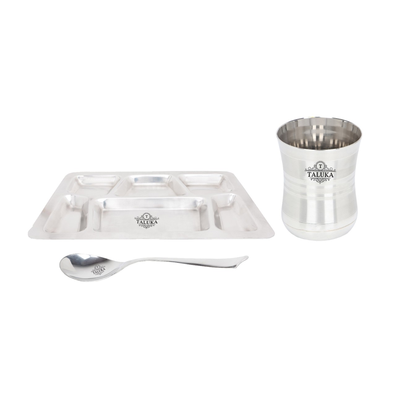 Stainless Steel 6IN1 Compartment Snacks Plate With Glass Spoon Dinner Thali Set