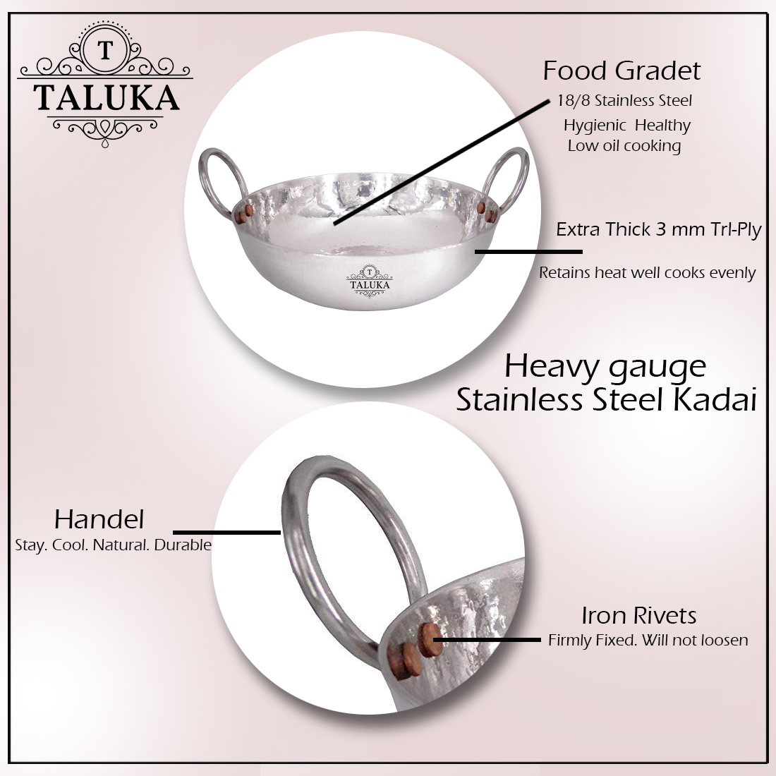 Stainless Steel Hammered Kadai Serving Kadhai Wok For Kitchen Cookware Tableware