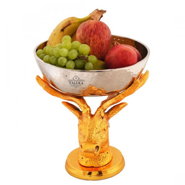 Home Decor Handicraft Brass Deer Stand with Stainless Steel Hammered Bowl Nickel Plating || Stand Size:Height- 22 cm x Width:22.5 cm || Bowl Size: Height-7 cm X Diameter-21.5 cm XWidth-22 cm