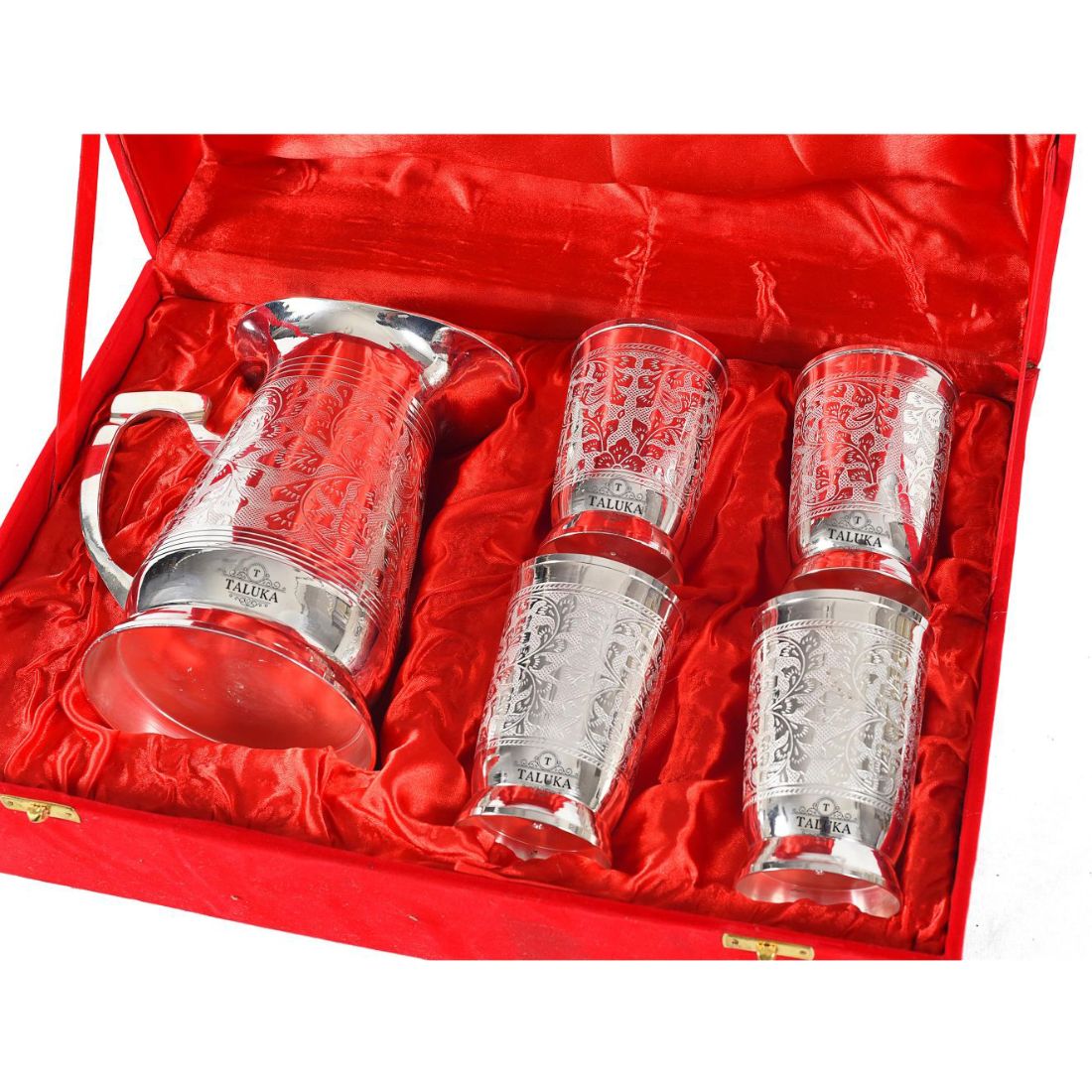 Brass Etching 1500 ML Pitcher Jug with 4 Pcs Glass Set 300 ML Water Storage with Gift Item with Red Box