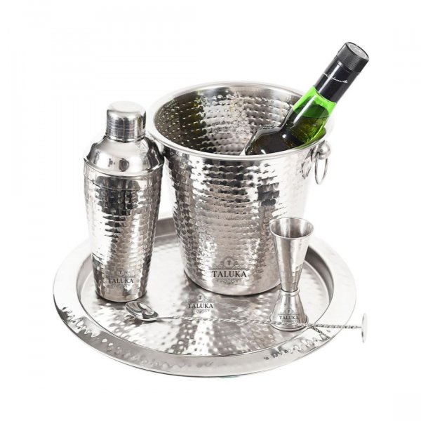 Stainless Steel Hammered 5 Pcs Bar Set | Cocktail Shaker 750 ml | Ice Bucket 1500 ML | Peg Measure 30-60 ML | Bar Spoon and Tray for Home Hotel Restaurant
