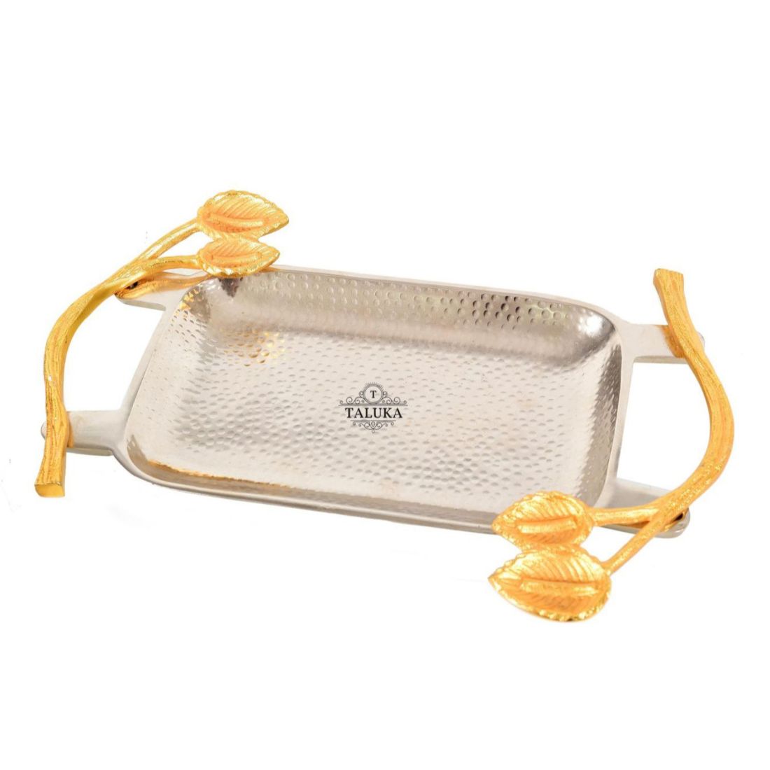Premium Stainless Steel with Brass Handel Hammered Tray Tableware for Serving Use in Home Hotel Restaurant