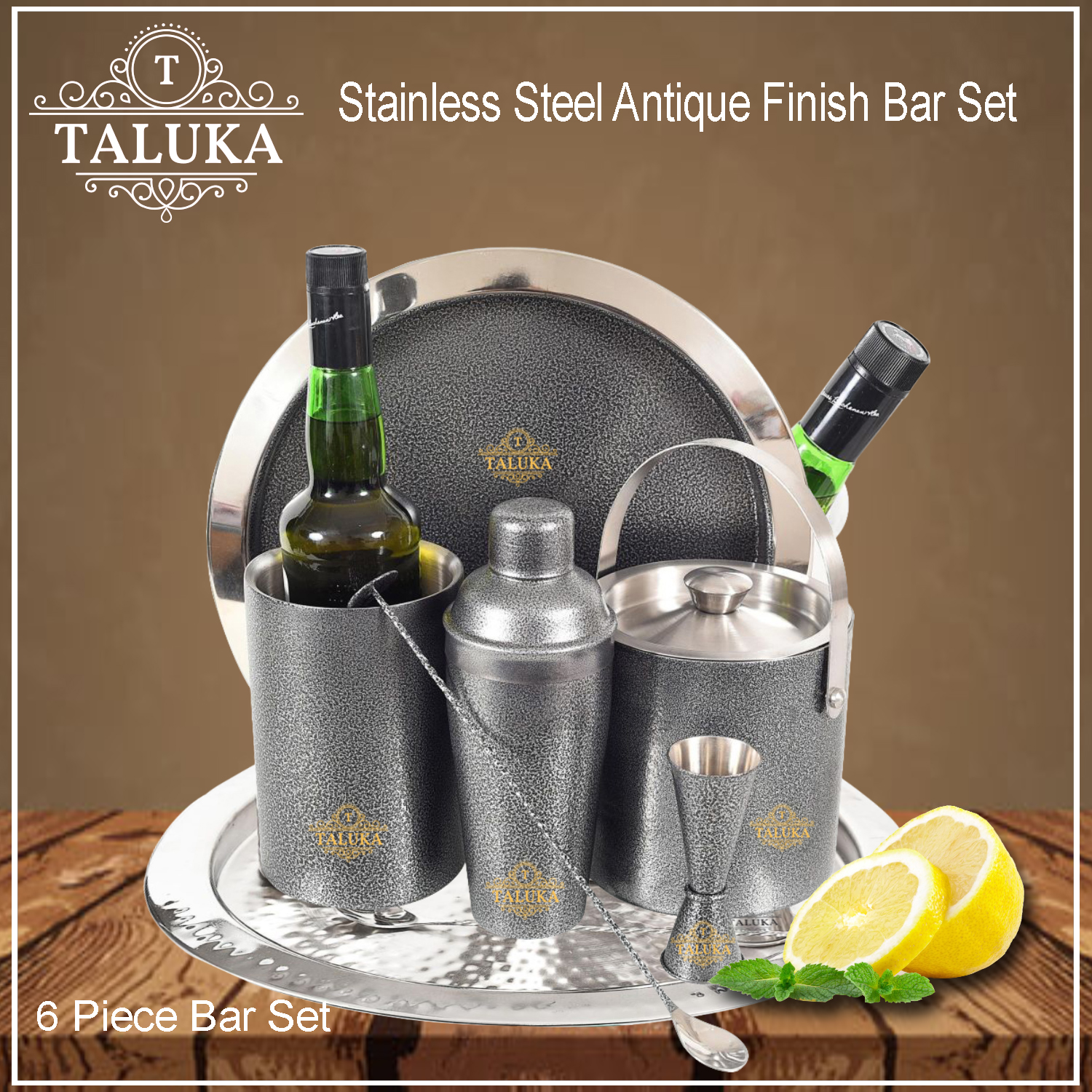 Stainless Steel Antique Black Coated 6 Pcs Bar set | Cocktail Shaker 750 ml | Ice Bucket Double Wall 1500 ML | Peg Measure | Wine Cooler | Bar Spoon | Serving Tray for Bar Home Hotel Restaurant