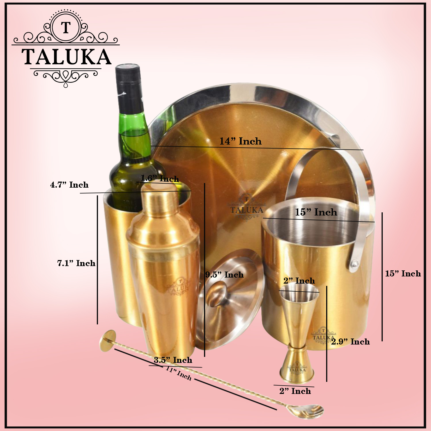 Stainless Steel Gold Plated 6 Pcs Bar Set | Cocktail Shaker 750 ml | Ice Bucket Double Wall 1500 ML | Peg Measure | Wine Cooler | Bar Spoon | Serving Tray for Bar Home Hotel Restaurant