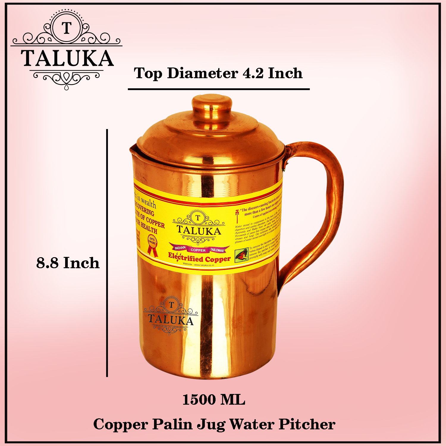 Copper Plain Jug Water Pitcher Drinking Health Benefits Capacity: 1500 ML
